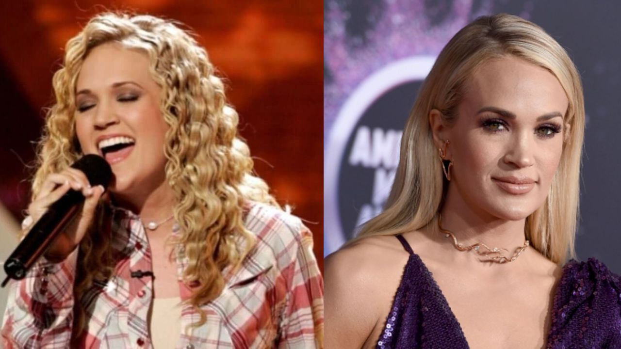 Carrie Underwood before and after alleged plastic surgery procedures.